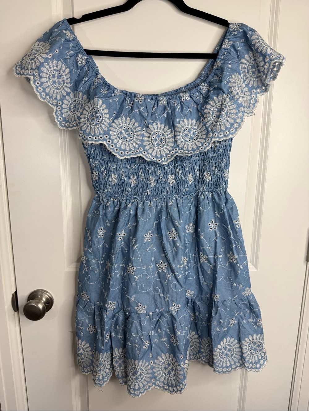 New In Blue Floral Eyelet Off Shoulder Mini Dress Small Embroidered Pockets